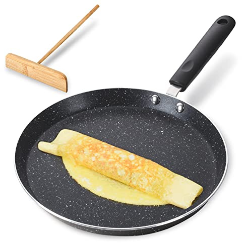 BUECMUE 10.5 Inch Nonstick Crepe Pan with Spreader Induction Compatible, for Egg Omelet and Flat Pancake Frying Pan, PFOA & PTFEs Free (Black)