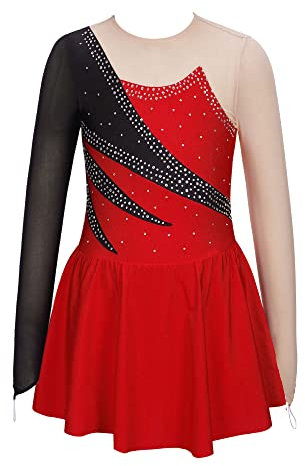 Manyakai Eiskunstlauf Kleider Mädchen Langarm Strass Glitzer Ballettanzug Ballett Body Mit Rock Patchwork Tanzkleid Lyrisch Contemporary Wettbewerb Kostüm Rot 140