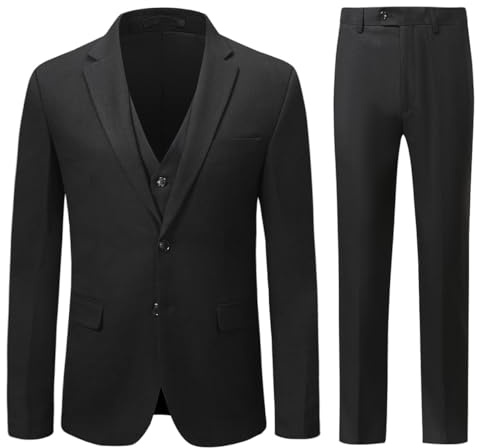 Allthemen Herrdräkter 3-delad kostym 2-knappar slim fit kostymer affärsjacka väst byxor för bröllopsfest, Svart, L