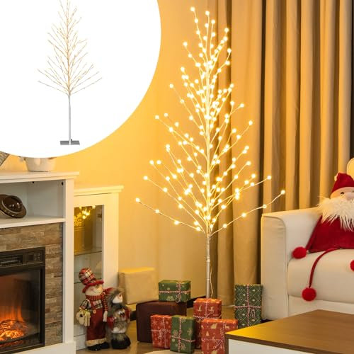COSTWAY LED Lichterbaum, 155 cm Birkenbaum mit warmweißen LEDs, Leuchtbaum, LED Baum Innen, Lichterzweige, Weihnachtsdeko für Zuhause