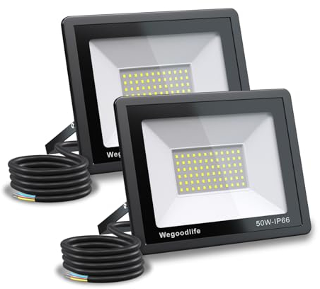Wegoodlife 2 Stück 50W LED Strahler Außen, Superhell 3995LM Scheiwerfer, 6500K Kaltweiß Außenstrahler, IP66 Wasserdicht LED Fluter, Außenlampe für Garten Innenhöfe Auffahrt Türen Sportplatz Hotel