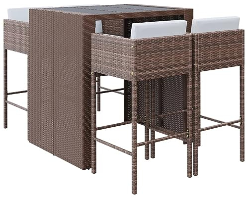 vidaXL Gartenbar Set 5-TLG., Gartenmöbel Bartisch 4 Barstühle, Stehtisch Barhocker für Garten Terrasse, Sitzgruppe Gartenset mit Kissen, Braun Poly Rattan