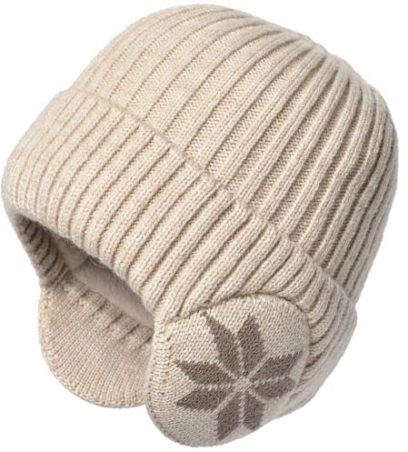 Malaxlx Beige Bonnet d'hiver en Tricot pour Homme Femme avec Cache Oreille Bonnet Hiver Chaud Doublé en Polaire épais Bonnet de Ski