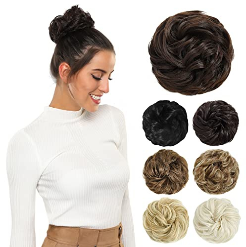 PARXITN Dutt Haarteil mit Gummiband Gelockt für Messy Bun Pferdeschwanz Haarverlängerung als Haargummi mit Haaren für Hochsteckfrisuren Damen 45g Universal Braun