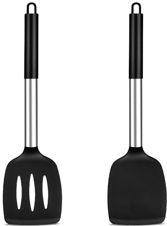 TEAMFAR Pfannenwender, 2 Stück Silikon Küchenhelfer Spachtel mit Edelstahlgriff, Hitzebeständiger Antihaft Schwarz Küchenutensilien, Spülmaschinenfest