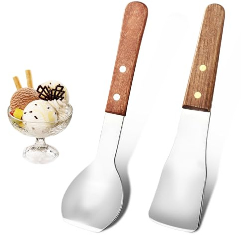 Miruchertter Ice Cream Scoop Ice Cream Shovel Stainless Steel Ice Cream Spade with Comfortable Wood Handle Nonstick and Anti-Freeze Ice Cream Scooper, 2 Pcs