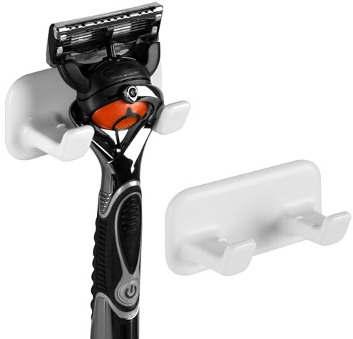 Linkidea 2er Rasierhalter für die Dusche, selbstklebender Wand-Rasierhaken (ohne Bohren), Organizer für Nassrasierer, kompatibel mit Gillette Fusion 5, Harry's, Dorco Pace 6 (Weiß)