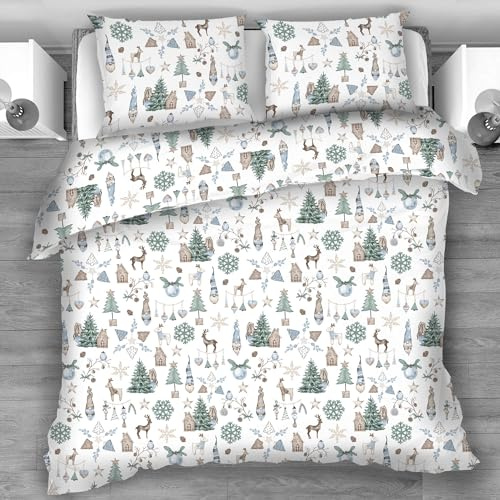 Textrend Stoff Baumwollstoff Meterware - 1 Meter 160 x 100 cm - Stoffe zum Nähen - Kinder - Weihnachtsmuster Elfen Häuschen Weihnachtsbaum