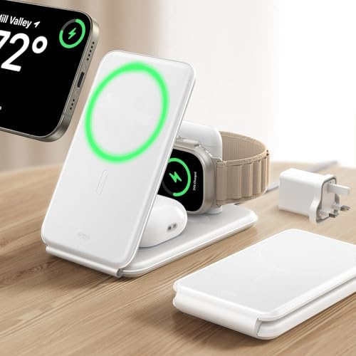 ESR for 3 in 1 Charging Station for Apple, 15W MagSafe Charger Stand for iPhone & Apple Watch Charger [Certified], Travel Charging for iPhone 17e/17/16/15/14/13/12 & Watch & AirPods 4/3, White,No Bag