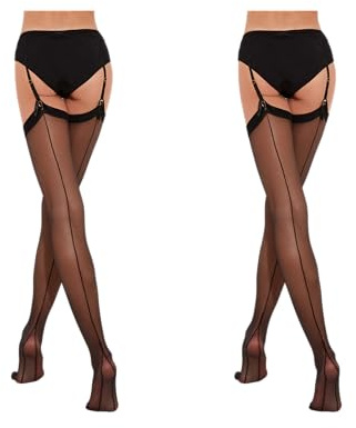 Fiore - Calze di nylon velate e sexy con cuciture da donna per uso con reggicalze 20 DEN con tacco cubano, Nero 2 paia, M