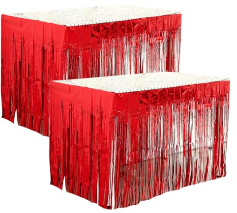 JIHUOO Lametta-Tischröcke, 2,9 m x 75,1 cm, Metallfolie, Fransen-Lametta, Tischröcke, Lametta-Hintergrund, Vorhänge, Lametta, Luftschlangen, Girlande, breites Lametta-Banner, Rot, 2 Stück