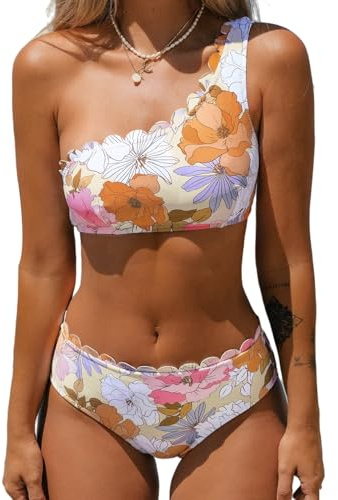 CUPSHE Women's Bikini Sets Two Piece Bathing Suit One Shoulder Mid Rise Scalloped Wide Strap Back Hook,M