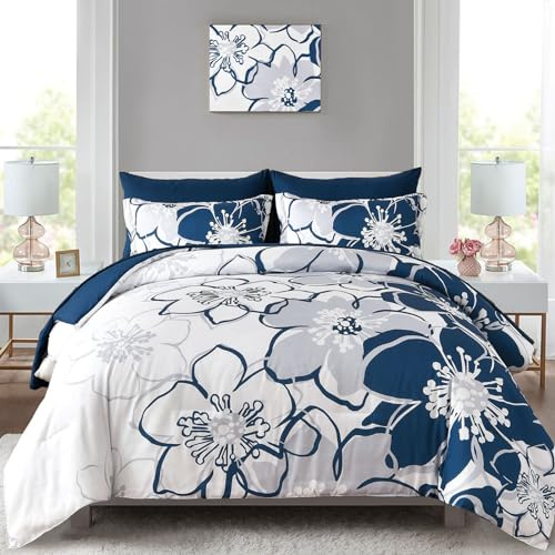 Anibedding Navy Floral Comforter Set King Size 7 Piece, Blue Flower Bed in a Bag, Elegant Botanical Floral Comforter Soft Microfiber Complete Bedding Set for All Season, (Navy Blue, 104x90)
