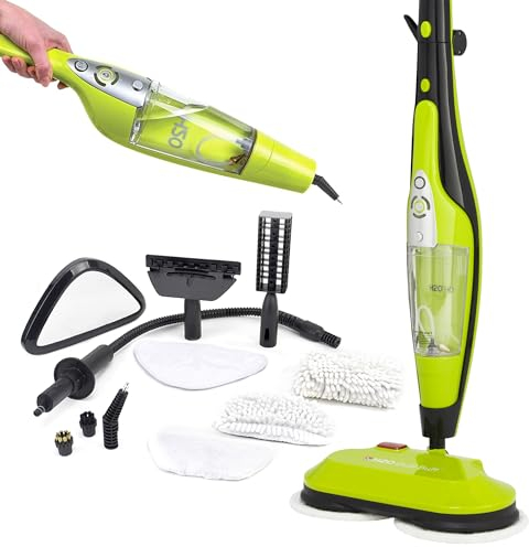 H2O HD 8-in-1 Dual Buff Steam Mop and Handheld Steam Cleaner - Floor Cleaning Sealed Hardwood, Tile Floors, Grout, Upholstery and Carpet Cleaner - 2 Soft Washable Pads with 12 Cleaning Accessories