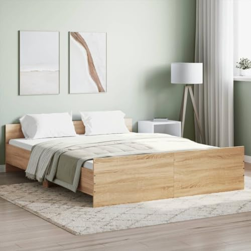 Tidyard Bettgestell mit Kopf- und Fußteil Bettrahmen Holzbett Doppelbett/Einzelbett Futonbett Bett mit Lattenrost Seniorenbett Palettenbett Futonbett Sonoma-Eiche 160x200 cm