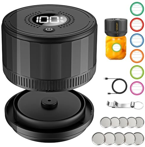 Electric Mason Jar Vacuum Sealing Machine Kit with Wide Mouth Regular Lid and Bottle Opener LED Display Strong Suction Kitchen Gadget Cordless Rechargeable Vacuum Sealer for Food Storage and