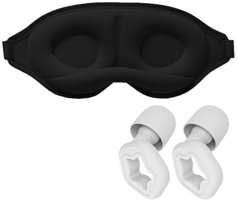 Blackout Sleep Masks for Women&Men Cotton Sleep Eye Mask for Sleeping with Adjustable Strap 3D Contoured Cup Blindfold Includes a Storage Pouch,2 Pair Noise Cancelling Ear Plugs for Travel,Work-Black
