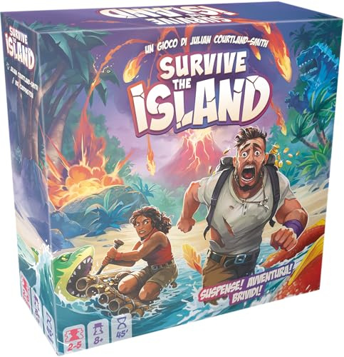 Asmodee - Survive The Island, Gioco da Tavolo, Gioco di Fuga dall'Isola con Vulcani, Mostri e Tradimenti!, 2-5 Giocatori, 8+ Anni, 45 min, Edizione in Italiano