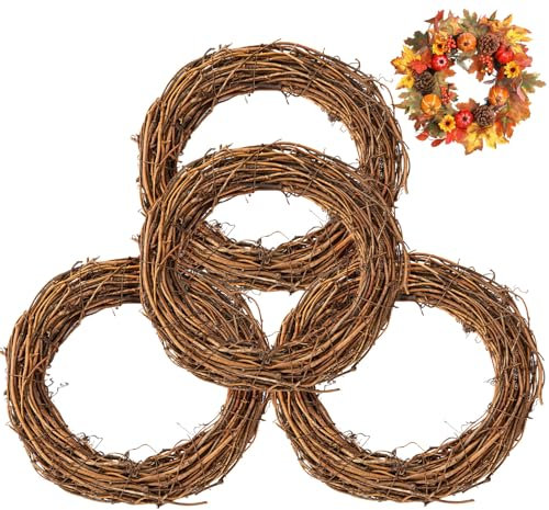 TUAKIMCE Natural Grapevine Wreath 4 PCS 25 CM Spring Wreath for Front Door Vine Rattan Wreath for DIY Craft Front Door Wall Decor Easter Christmas Halloween Wreath Wedding Party Decor