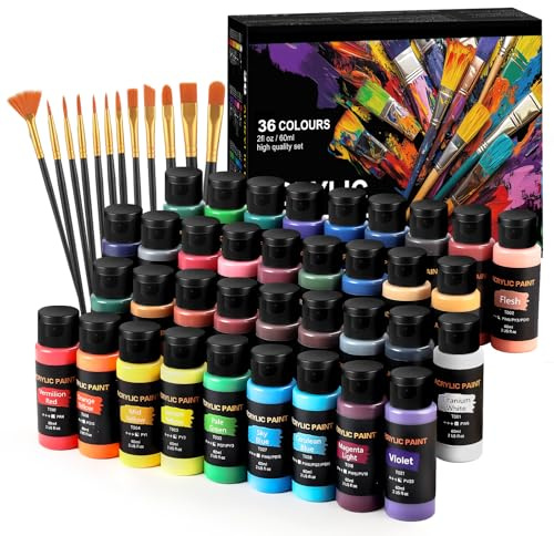 Acrylfarben Set, 36 Farben x 60 ml + 12 Pinsel, Acrylic Paint Set, Künstlerbedarf für Leinwand, Holz, Keramik, Stoffe, ungiftige Reiche Pigmente Acrylfarbe für Anfänger, Studenten, Profis, Künstler