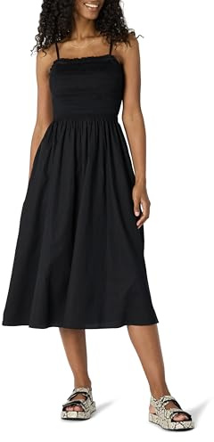 Amazon Essentials Vestido con Corpiño Nido de Abeja de Satén de Algodón de Corte Recto Mujer, Negro, L