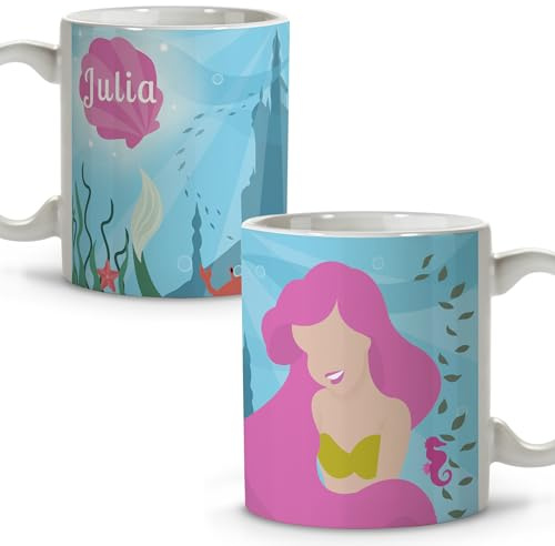 Taza sirena infantil. Taza personalizada con nombre. Cerámica 330 ml. Varios diseños y colores de Interior. Regalos Originales. SIRENA INFANTIL