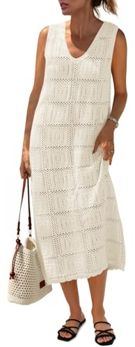 Fisoew Womens Crochet Sleeveless Dress Casual Summer V Neck Boho Knit Cover Up Beach Vacation Midi Tank Dresses Beige
