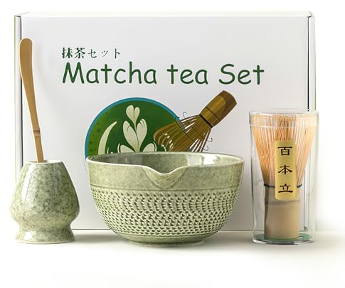 4pcs Matcha Set, Japanese Tea Set Includes Matcha Bowl with Spout, Matcha Whisk Holder, Bamboo Matcha Whisk and Bamboo Scoop, 17 oz Mottled Tea Green Glaze Ceramic Matcha Kit for Tea Lovers