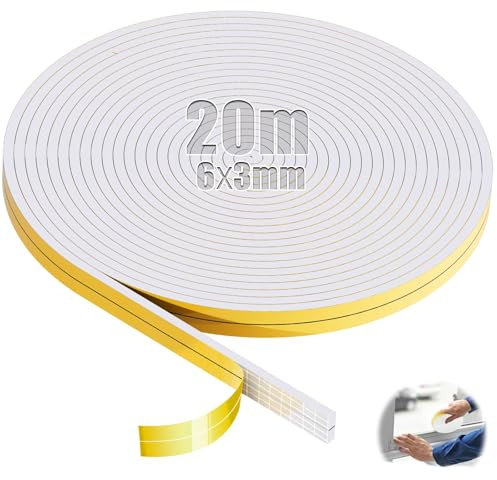 SWTYExt Moosgummi Selbstklebend 6mm(B) x3mm(D) Schaumstoffband 20m Weiß | Vorlegeband, Dichtband, Türdichtung, Dichtungsband, für Fensterfugen, Schranktürkanten, Kochfelder