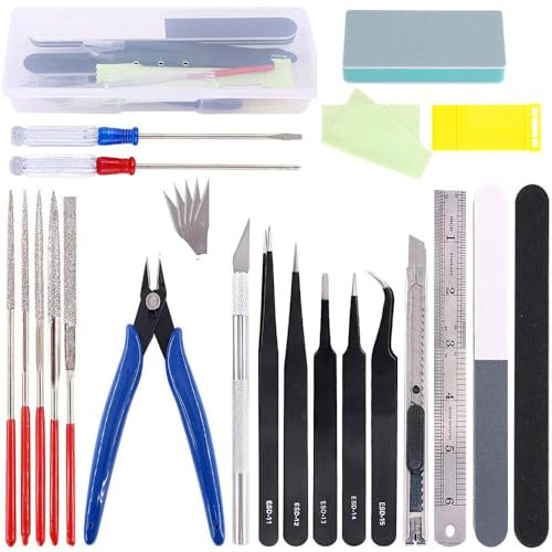 Fhioevt 23 Stück Modellbau Werkzeug Set DIY Bastelwerkzeug für Gundam Modell Werkzeuge mit Kunststoffbox Modelbau Werkzeuge für Gebäude Auto-Montage Flugzeuge Modellbau Reparatur und Befestigung