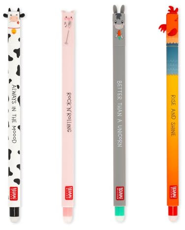 Legami - Set of 4 Farm Sweet Farm Erasable Gel Pens, Stylos à encre thermosensible effaçable, noir, rose, vert, rouge, efface sans consommer de feuille, pointe 0,7 mm