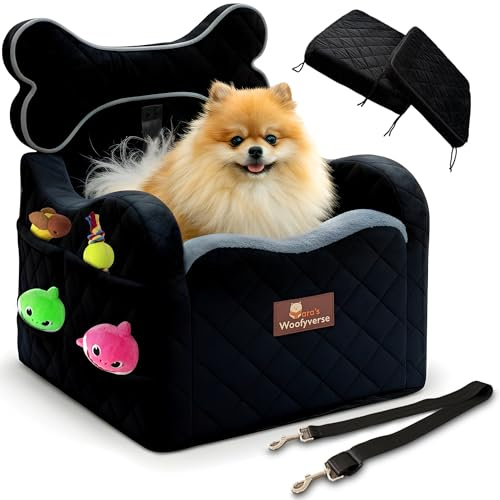Yara’s Woofyverse Dog Car Booster Seat, Small & Medium Dogs, Midnight Ash | Fur-Lined Headrest, Adjustable Cushions, 6-Pocket Storage, Machine-Washable Cover, Portable Pet Car Seat Front/Back Travel