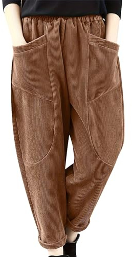 Pantaloni in velluto a coste, da donna, a gamba larga, per il tempo libero, taglie grandi, stile retrò, elasticizzati, a vita alta, comodi, in tessuto, per autunno e inverno, corduroy, con tasche