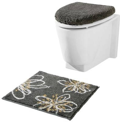 Erwin Müller WC-Vorlage Palamas Moderne Blumen anthrazit Größe 50x50 cm - Flauschige Oberfläche, hoher Flor, rutschhemmend, pflegeleicht und formbeständig, für Fußbodenheizung