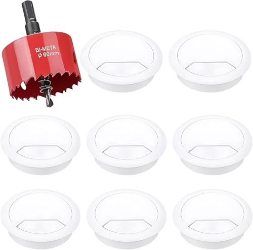 8 Pcs White 60mm Office Desk Grommet Kit, Office Cable Hole Covers With Hole Saw, Cable Grommet, Round Plastic Cable Organisers for Home Office Desks