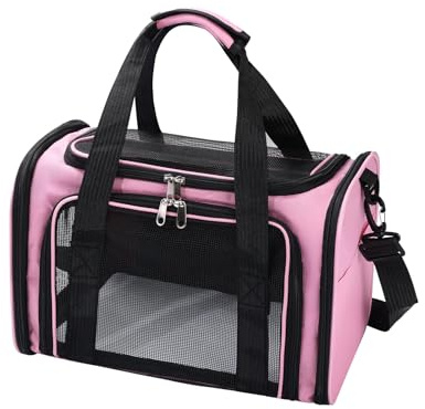 Pomodee Transportbox für Katze und Hund bis 5.5kg, Tragbare Autotaugliche Transporttasche, Faltbare Katzentransportbox für Reise, Tierarzt, Einkaufen(Rosa,40x25x25 cm)