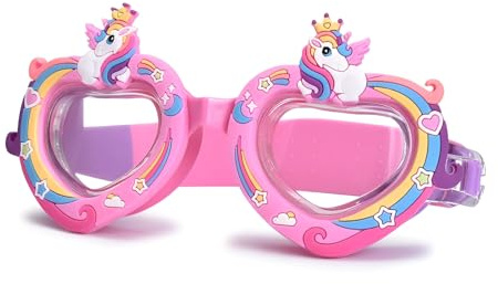 1 Occhialini da Nuoto Bambini a Forma di Cavallo Arcobaleno con Cuore, Lenti Antiappannamento e Protezione UV, Fascia Regolabile, per Piscina e Mare