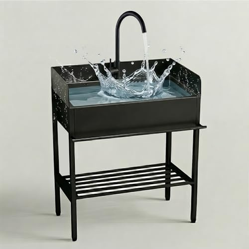 Lavello da Esterno in Acciaio Inox Autoportante con Paraspruzzi su 3 Lati, Mobile Lavandino Monovasca, Lavabo Lavanderia, con Rubinetto Acqua Calda per Giardino, Garage(80 x 45 x 92cm)