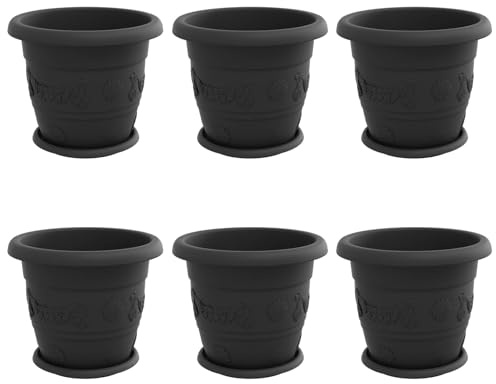 mtlskopl Set di 6 vasi da fiori neri Ø 30 cm, moderni vasi in plastica per esterni e interni, vasi rotondi alti 25 cm, per balcone, terrazza e giardino, 6 pezzi