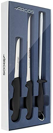 Arcos Set Jamonero 3 Piezas - Cuchillo Jamonero, Deshuesador, Chaira y Estuche - Acero Inoxidable NITRUM. Mango Ergonómico de Polipropileno Color Negro. Serie 2900
