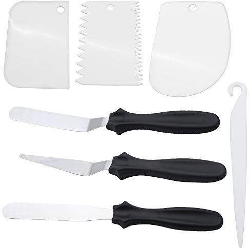 7 Stück Streichpalette Set inklusive 3 Stück Edelstahl Winkelpalette und 3 Stück Icing Smoother und 1 Stück Kuchenlöser für Torte Dekorieren Kuchen Präzision Backen Gebäck Muffins