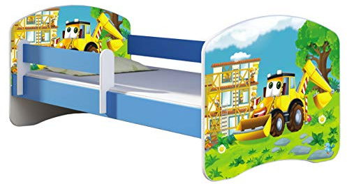 ACMA Kinderbett 140x70 cm Blau mit Matratze & Lattenrost – Jugendbett mit Rausfallschutz, personalisiertes Motiv 20 Bagger, stabiles Kinderbett für Kinderzimmer, belastbar bis 120 kg