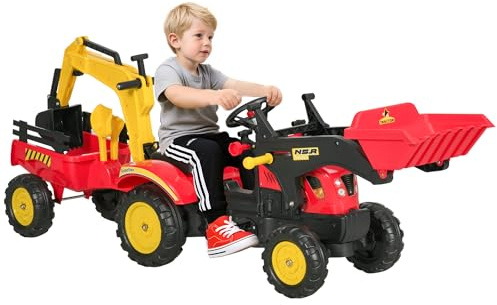 HOMCOM Ride On Tractor for Kids, 3 in 1 Ride On Excavator Toy Car with Adjustable Bucket, Digger and Removable Trailer, Pretend Play Construction Truck for 3-6 Years