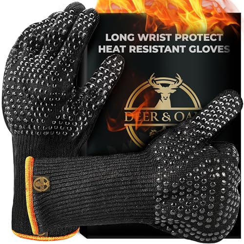 Deer & Oak Long Wrist Heat Resistant Non Slip Oven Mitts - Up to 800°C / 1472°F Heatproof BBQ Gloves with Silicone Grip, Oven Gloves for Grilling, Cooking, Baking