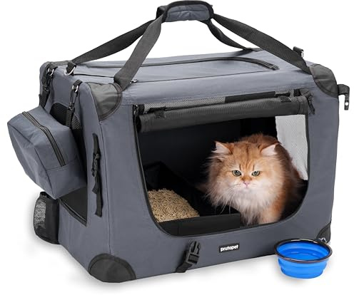 Prutapet Large Cat Carrier 24x16.5x16.5 Soft-Sided Portable Pet Crate for Car Traveling with Collapsible Litter Box and Bowl