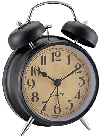 Rjuwurv 4 Twin Bell Alarm Clock with Night Light - Desk & Bedroom Alarm Clock (Black)