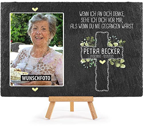 Schieferplatte selbst gestalten - Gedenktafel mit Foto, Name & Datum bedrucken - Ich denke an dich - Grabtafel, Grabschmuck - Schiefertafel mit Staffelei, 20x30 cm I Personalisierte Erinnerung