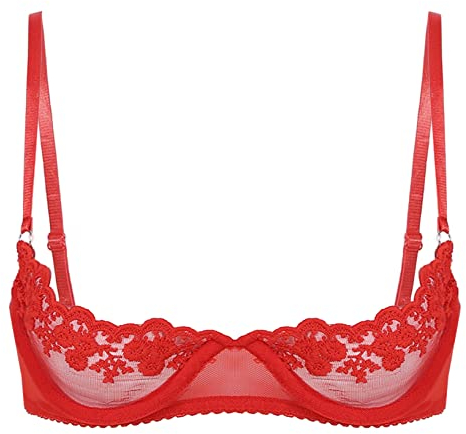 Kaerm Women's Lingerie Lace Everyday Bras 1/4 Cups Push Up Underwire Bra Tops Bralette Nightwear Red A L