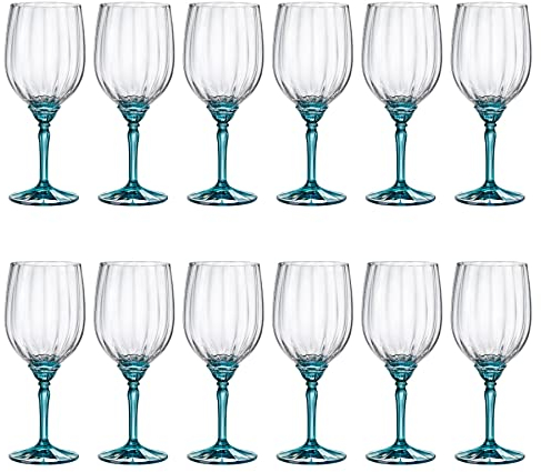 Bormioli Rocco 12x Blue 535ml Florian Red Wine Glasses - Large Glass White Rose Long Stem Cocktail Party Drinking Goblet Gift Set