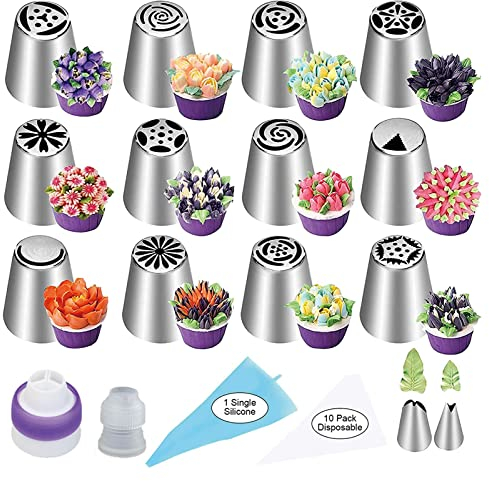 Set di 27 bocchette per pasticceria russe, kit decorazione per torte, sacchetti per tubature, ugelli, inclusi 12 punte per glassa a fiore, 2 punte per foglie, 2 convertitori, 11 tasche a bussola per